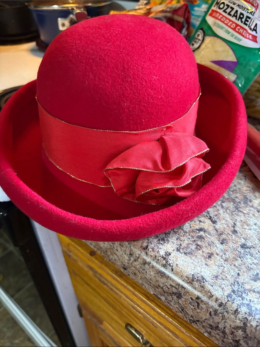 Red Felt Dress Hat with Ribbon Flower